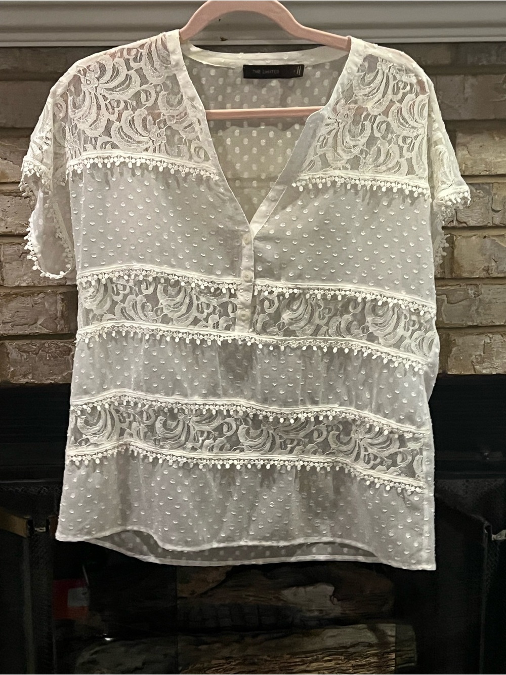 The Limited Ivory Lace & Swiss Dot V-Neck Top